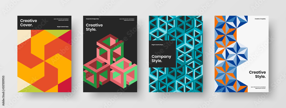 Modern mosaic hexagons booklet layout bundle. Vivid postcard vector design concept collection.