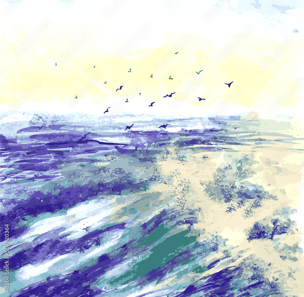 art sketch drawing sea with seagulls