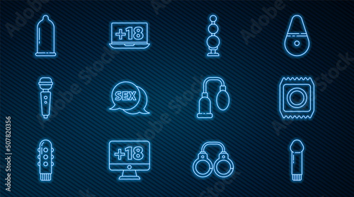 Set line Dildo vibrator, Condom in package safe sex, Anal beads, Speech bubble with Sex, Penis pump and Laptop 18 plus content icon. Vector