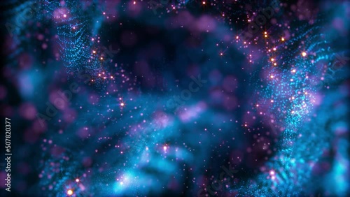 Abstract scientific fantasy background light energy waves forms circling and fluctuation shiny particles projections rays loop