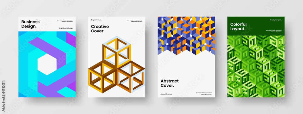 Creative mosaic shapes book cover concept set. Multicolored pamphlet A4 design vector template bundle. Creative mosaic shapes book cover concept set. Multicolored pamphlet A4 design vector template bundle.