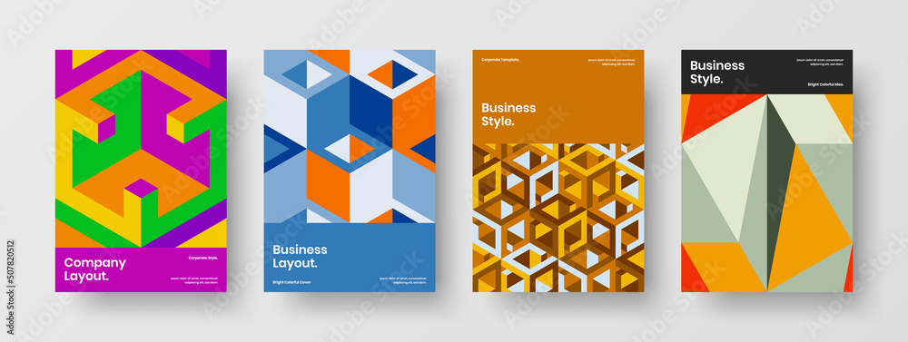 Simple geometric pattern annual report layout set. Modern book cover A4 vector design template bundle.