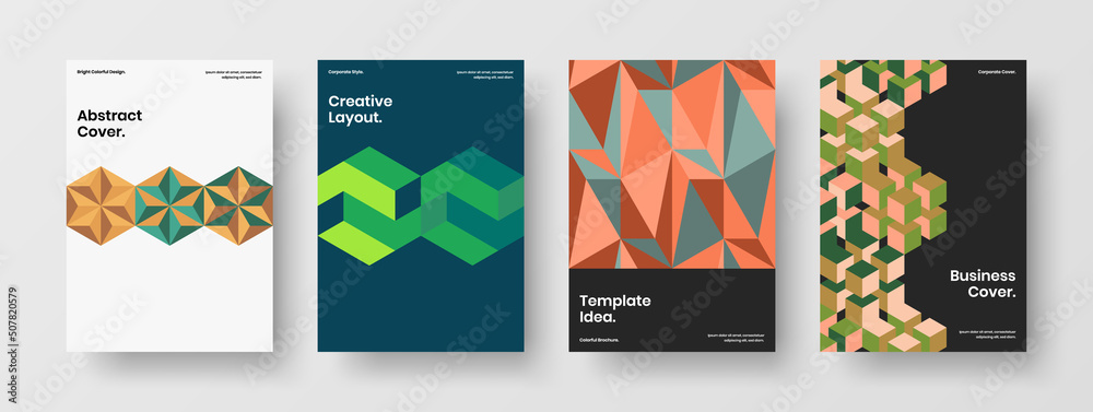 Multicolored company brochure vector design illustration set. Trendy mosaic hexagons corporate identity concept collection.