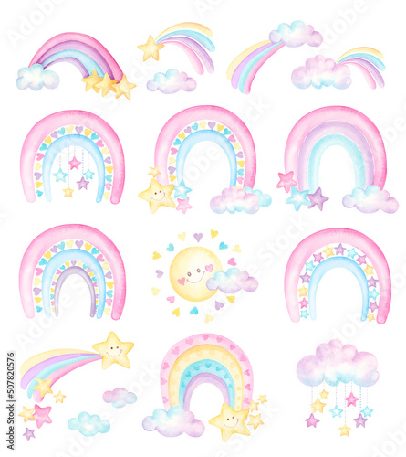 Set of rainbows with hearts, clouds, rain on pastel candy color. Watercolor hand drawn illustration isolated on a white background. Perfect for kids posters, postcards, fabric.