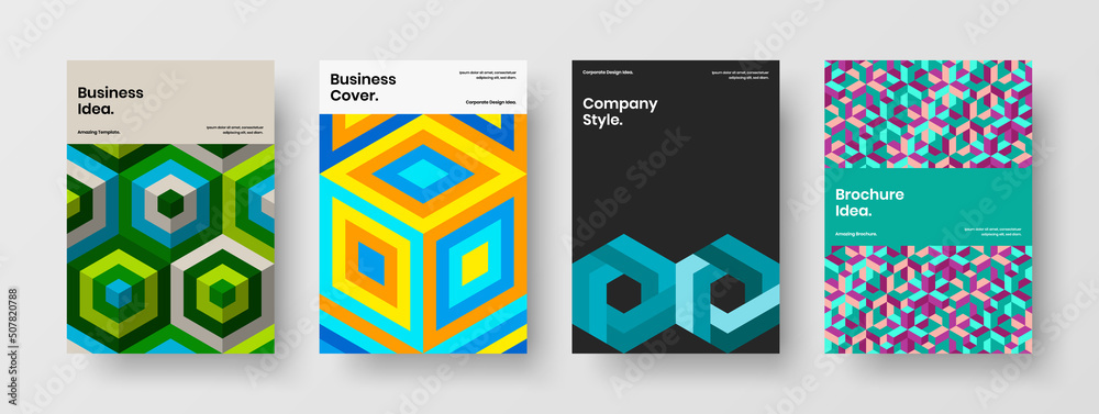 Minimalistic geometric tiles catalog cover template set. Amazing corporate brochure vector design layout collection.
