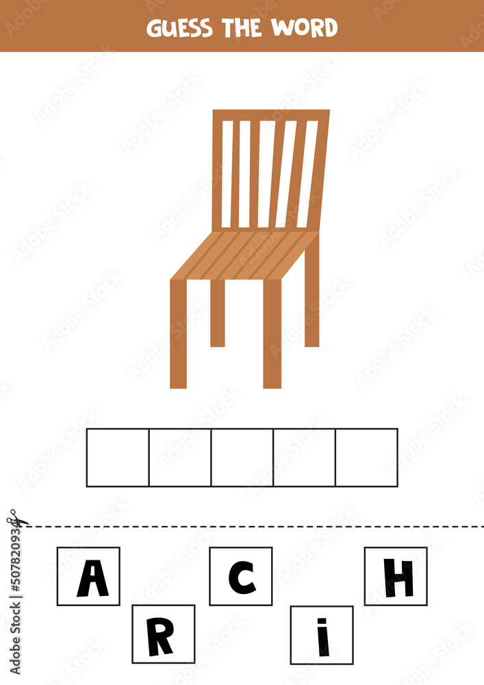 Spelling game for kids. Cartoon wooden chair. Spelling game for kids. Cartoon wooden chair.