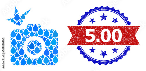 Vector mosaic photo flash, and bicolor textured 5.00 seal stamp. Photo flash mosaic for pure drink advertisement. Photo flash is composed from blue pure water raindrops. Red stamp seal has 5.