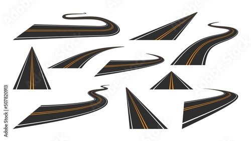 Straight and winding roads set. Empty highway with black asphalt and yellow marking lines. Leaving exactly into distance and with sharp vector turns