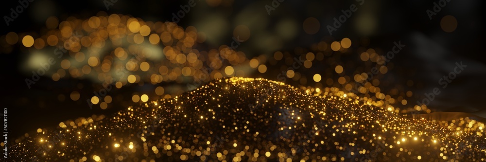 abstract of golden glitter sand particles background panorama 3D rendering