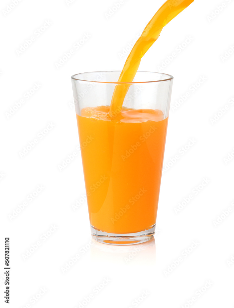 Orange juice pouring into the clear glass isolated on white background Orange juice pouring into the clear glass isolated on white background