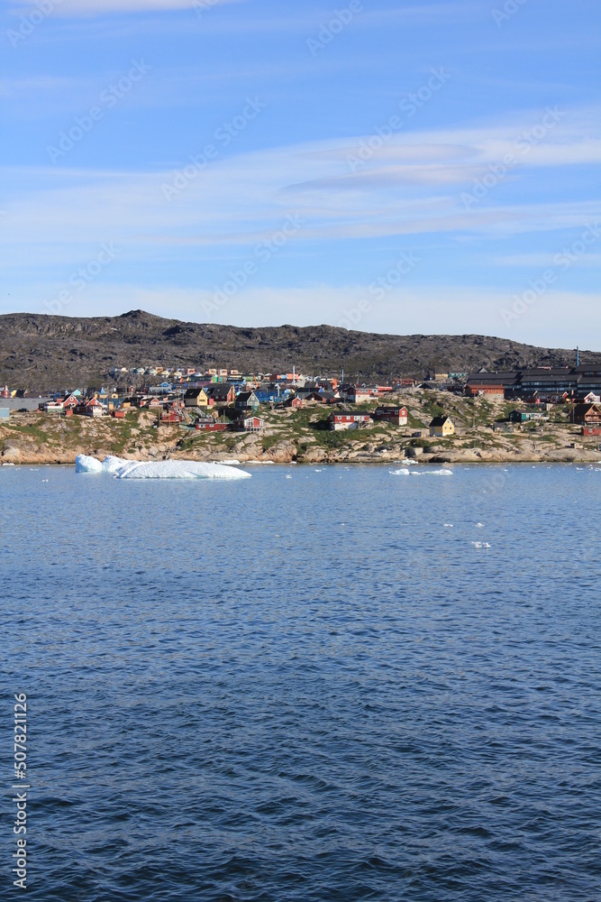 Scenic view on Ilulissat from the seaside (vertical), Ilulissat, Greenland