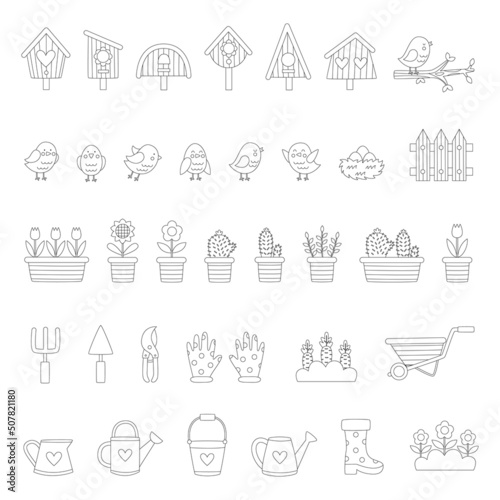 Cute black and white cartoon spring elements on white background.