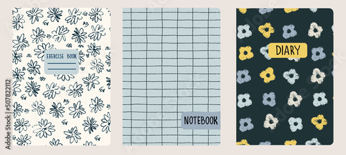 Set of cover page templates based on patterns with anemone, poppy flowers in Ditzy style and gridlines. Backgrounds for notebooks, notepads, diaries. Headers isolated and replaceable
