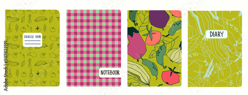 Set of cover page templates with hand drawn stylized vegetables. Based on seamless patterns. Headers isolated and replaceable. Perfect for school notebooks, notepads, diaries, etc