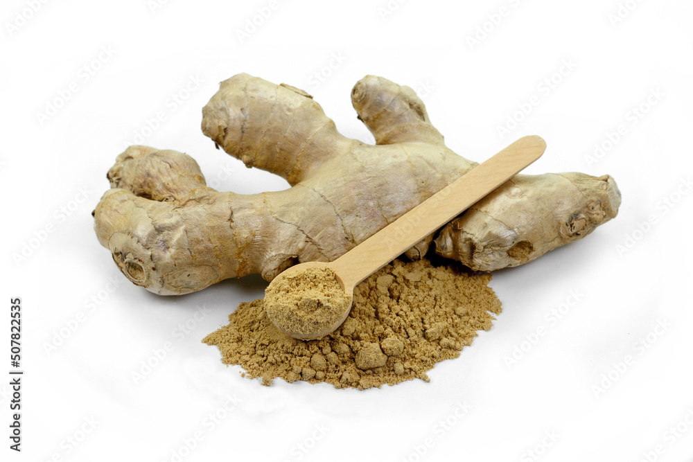 Fototapeta premium Ginger with dried powder over white background