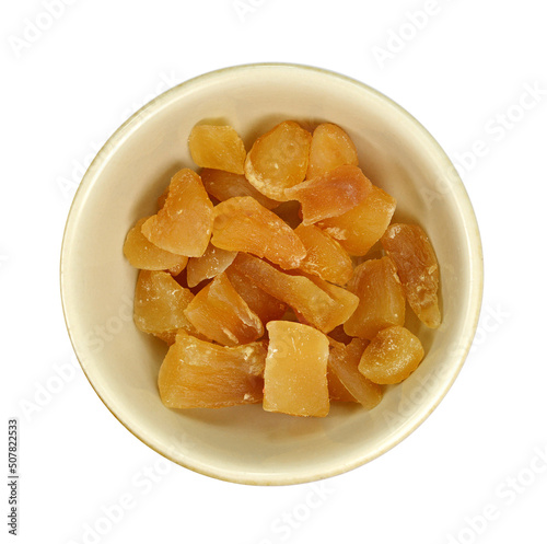 Candied ginger isolated on white background