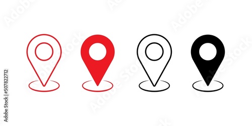 Location pointers icons set. Black and red pins set. GPS navigation, place location. Help in moving. Vector illustration.