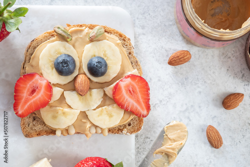 Kids breakfast or lunch or snack toast with peanut butter spread, banana, strawberry and blueberry shaped as cute owl.