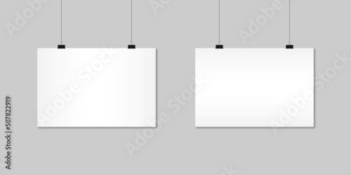 Blank poster. White paper mockup. Horizontal templates of sheet with clips. Newspaper frame with shadow, hang rope. Abstract concept graphic blank hang sign, photo frames or announcement. Vector illus