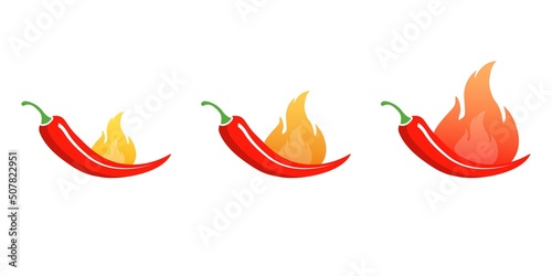 Red chilli peppers in fire flame isolated on white background. Chili pepper strength level indicator. Vector illustration.