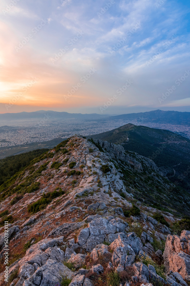 sunset in the mountains Ymittos Greece Athens sunset in the mountains Ymittos Greece Athens