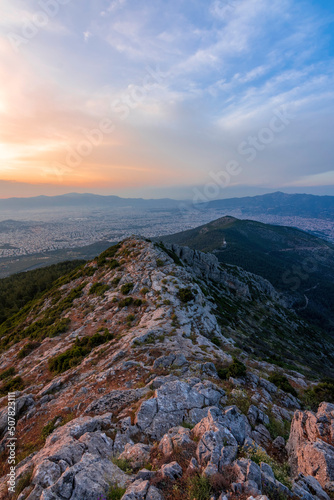 sunset in the mountains Ymittos Greece Athens
