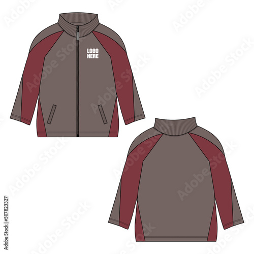 Long sleeve jacket technical fashion flat sketch vector illustration template front, back views. Warm up Apparel sweat jacket mock up.
