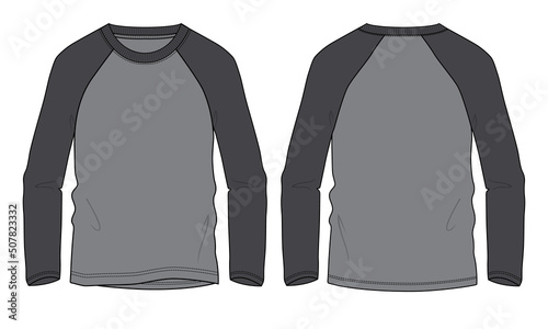 Two tone Grey And Black Color Raglan Long Sleeve T shirt Vector illustration template Front And back views Isolated on white background. Apparel Design Mock up CAD. photo
