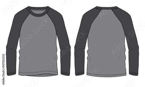 Two tone Grey And Black Color Raglan Long Sleeve T shirt Vector illustration template Front And back views Isolated on white background. Apparel Design Mock up CAD.
