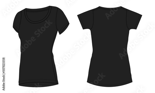 Body slim fit Shorts sleeve t shirt for ladies. Technical fashion flat sketch vector illustration black Color template. Regular slim fit round neckline mock up Front, back views. Women, unisex CAD. 
