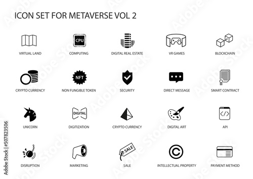 Metaverse vector icon set. Various symbols for the meta verse concept.