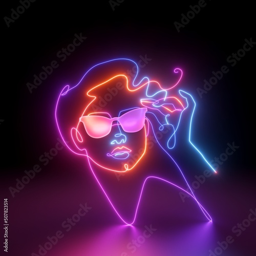 3d render, abstract colorful neon woman portrait, linear art over black background