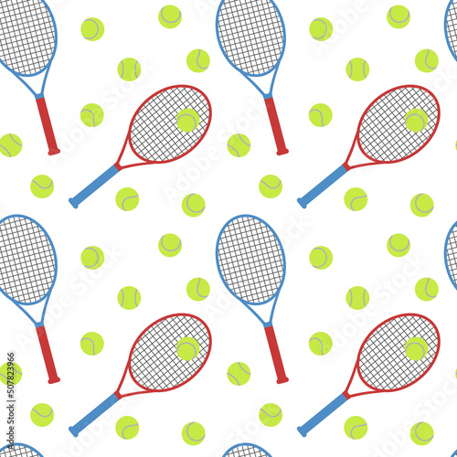 Tennis seamless pattern. Tennis rackets and balls on white background. Sports equipment pattern. Flat vector illustration