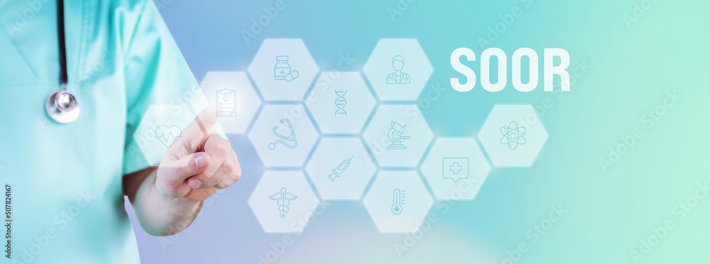 Soor (Candidose). Männlicher Arzt zeigt mit Finger auf digitales Hologramm aus Icons. Text mit medizinischen Begriff. Konzept für Digitalisierung in der Medizin Soor (Candidose). Männlicher Arzt zeigt mit Finger auf digitales Hologramm aus Icons. Text mit medizinischen Begriff. Konzept für Digitalisierung in der Medizin