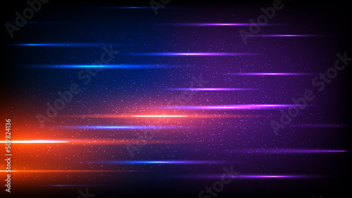 Abstract technology horizontal motion light style, Connecting particles with purple, blue and orange light. Science, future, energy technology concepts. Digital beam of light trails. Vector EPS10
