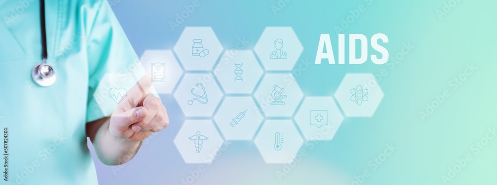 AIDS (HIV). Männlicher Arzt zeigt mit Finger auf digitales Hologramm aus Icons. Text mit medizinischen Begriff. Konzept für Digitalisierung in der Medizin