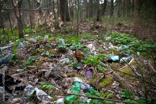 There is a lot of garbage in the forest. The concept of human pollution of forests and nature. A terrible dump in the woods.