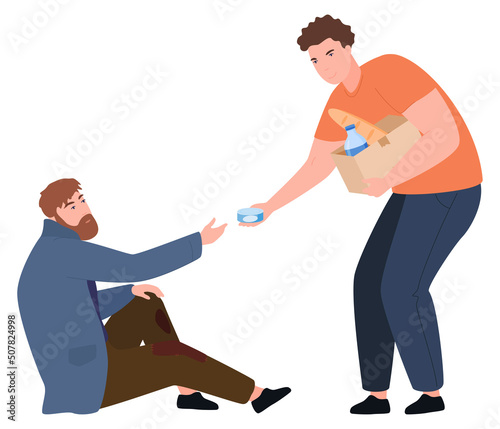 Male volunteer help to homeless giving canned food vector flat illustration