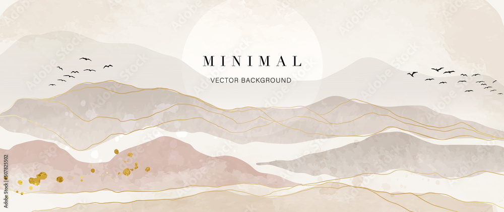 Abstract watercolor background vector. Luxury wallpaper with paint brush and gold line art. Mountain landscape, bird, sun, earth tone watercolor illustration for wall art, cover and invitation cards. - obrazy, fototapety, plakaty 