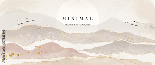 Abstract watercolor background vector. Luxury wallpaper with paint brush and gold line art. Mountain landscape, bird, sun, earth tone watercolor illustration for wall art, cover and invitation cards.