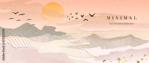Abstract watercolor background vector. Luxury wallpaper with paint brush and gold line art. Mountain landscape, bird, sunset, watercolor illustration for wall art, cover and invitation cards.
