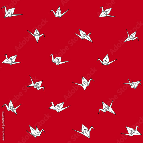 Pattern of origami crane vector silhouette illustration isolated on red background. Japanese traditional origami crane print for fabric and wallpaper. Line shape for art of folded paper.