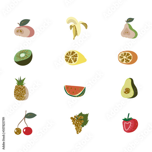 Fruits icons set collection of food with gold glitter elements apple banana pear orange kiwi avocado cherry pineapple watermelon strawberry lemon grape