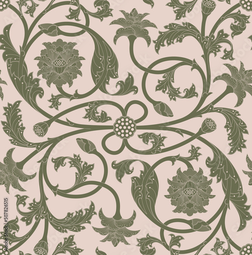 Seamless two tone pattern of ornamental, Indian lotus flowers, buds and leaves in soft pink and olive green