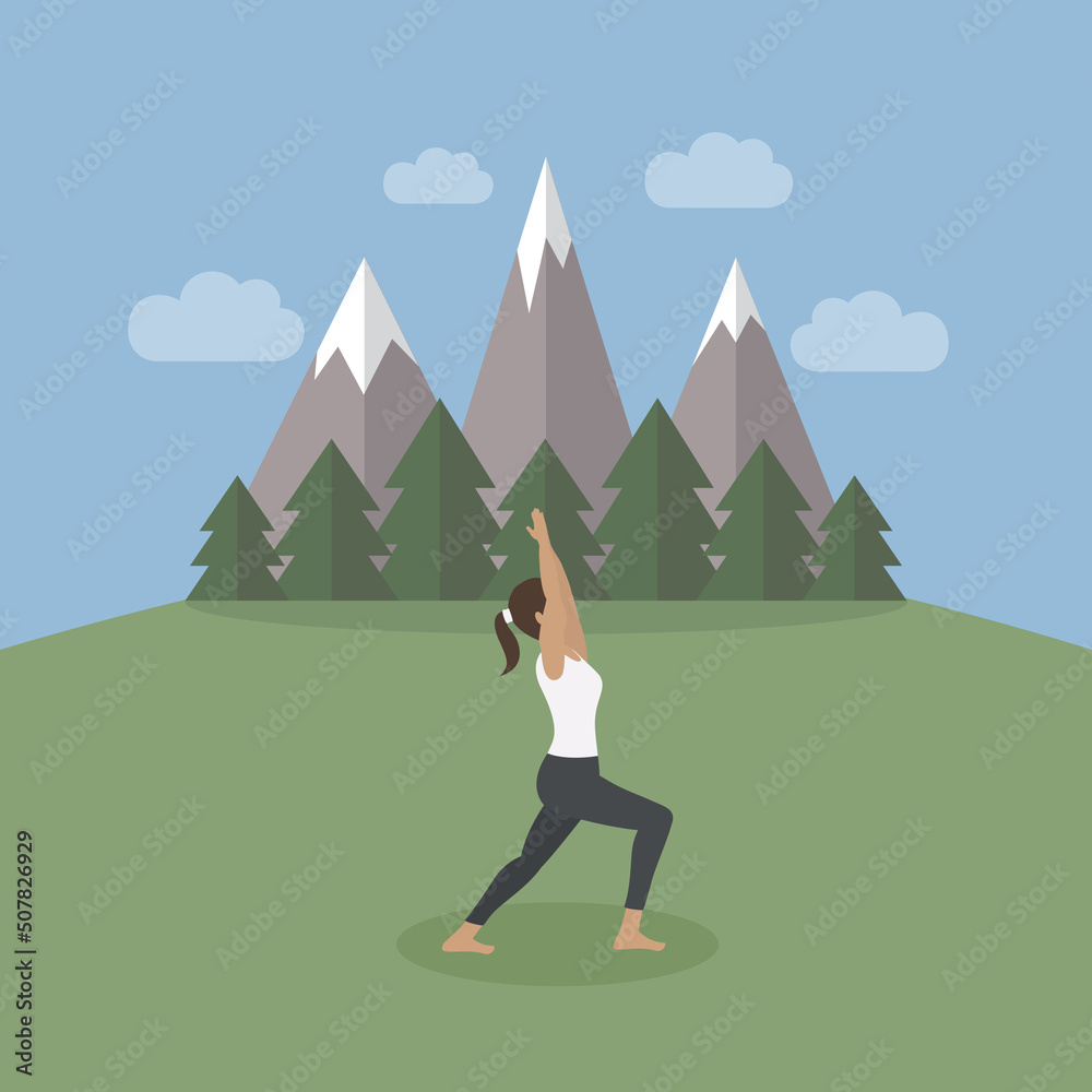 girl makes yoga on green mountain landscape