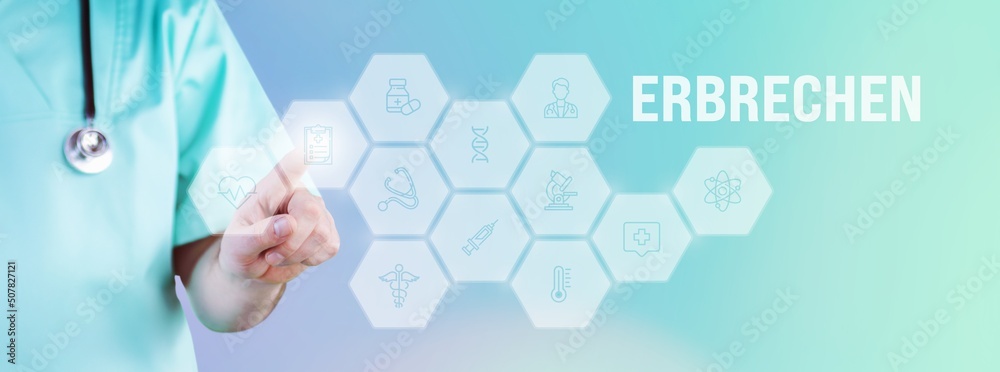 Erbrechen. Männlicher Arzt zeigt mit Finger auf digitales Hologramm aus Icons. Text mit medizinischen Begriff. Konzept für Digitalisierung in der Medizin Erbrechen. Männlicher Arzt zeigt mit Finger auf digitales Hologramm aus Icons. Text mit medizinischen Begriff. Konzept für Digitalisierung in der Medizin