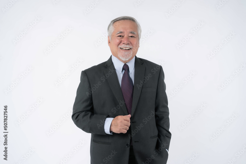 Asian senior businessman , old man with suit feel happy good health isolated on white background - concept for senior business success Asian senior businessman , old man with suit feel happy good health isolated on white background - concept for senior business success