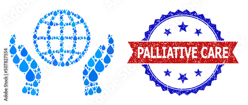 Vector mosaic world care hands, and bicolor rubber Palliative Care seal stamp. World care hands mosaic for pure water ads. World care hands is formed with blue pure water raindrops.