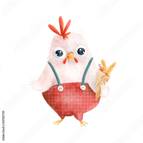 Lovely little chicken with earthworm and wheat wearing red checkered trousers and brace. Cute cartoon character.