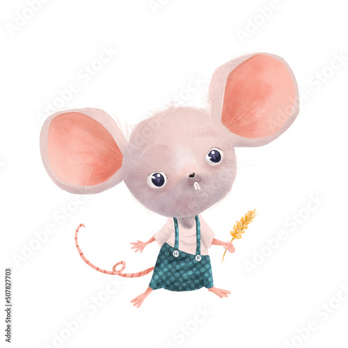 Lovely little mouse with wheat wearing blue trousers and brace. Cute cartoon character.
